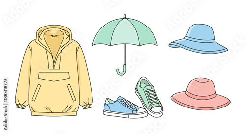 Collection of casual outerwear and accessories for outdoor activities including a hooded jacket umbrella hats and footwear in pastel colors