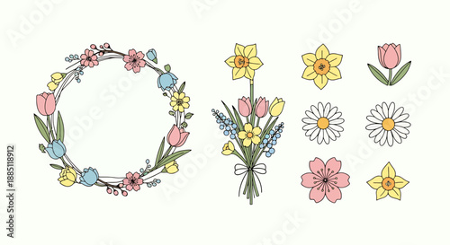 Charming Spring Flower Illustrations Including A Wreath A Bouquet And Individual Blooms Perfect For Seasonal Decorations Design Elements
