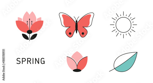 Spring Collection Icons Featuring Flowers Butterfly Sun Leaf Simple Geometric Shapes Flat Design Style for Seasonal Themes and Nature Concepts
