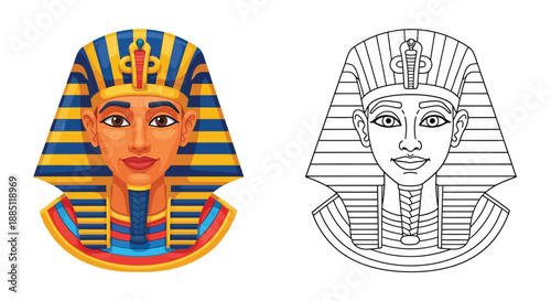 Friendly Egyptian Pharaoh Cartoon Design with Royal Crown and Coloring Book Version