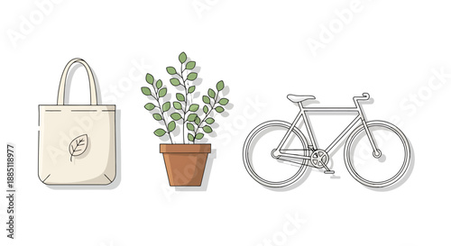Sustainable Lifestyle Choices Fabric Bag Potted Plant Bicycle Icons Representing Eco Friendly Living Alternatives For Commerce And Marketing
