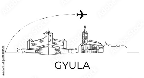 Gyula Hungary city skyline with castle and airplane vector illustration