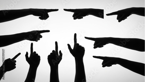 Multiple Silhouetted Hands Pointing Fingers Accusatory Gestures.
