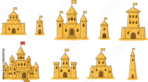 Sandcastle collection set beach summer fantasy castles with towers flags cartoon flat vector illustration isolated