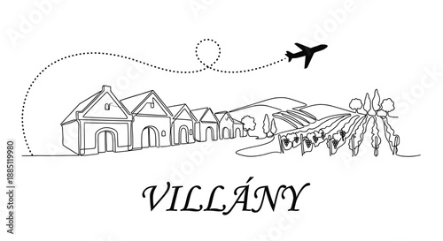 Villany wine region with cellars and vineyard line art illustration