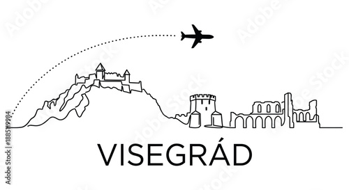 Visegrád castle skyline with airplane vector illustration