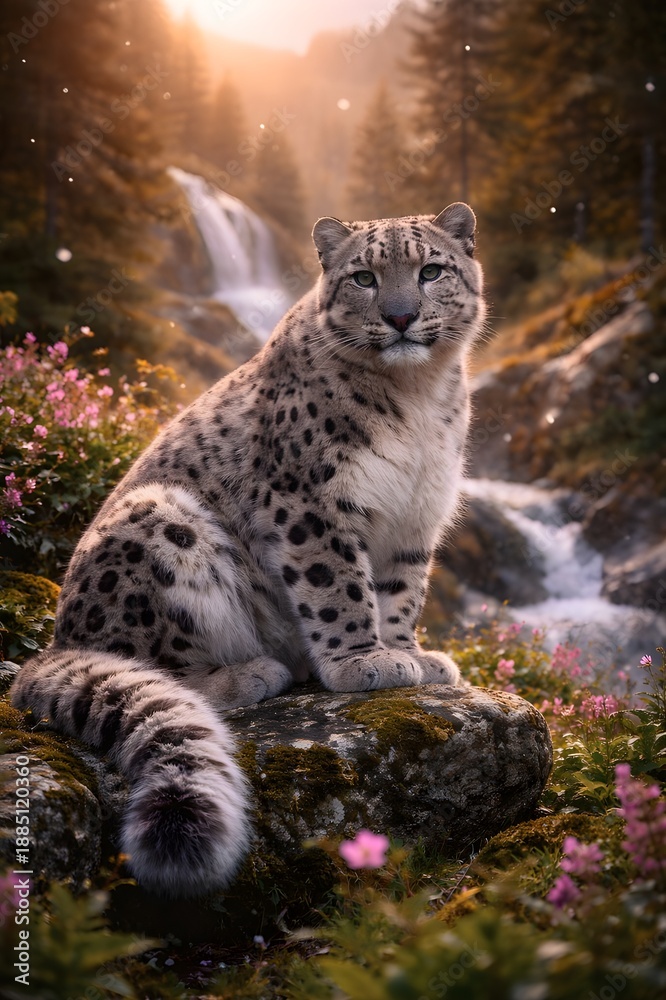 Fototapeta premium A majestic snow leopard sitting gracefully on a moss-covered rock in a mountain wilderness.