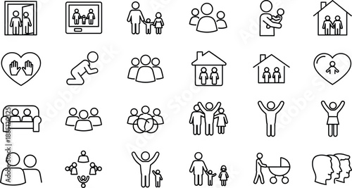 Extensive collection of minimalist black and white line art icons depicting family life at home, parenting, pregnancy, childhood development, and diverse community social interactions.