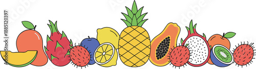 Tropical fruit border collection with pineapple papaya dragon fruit lemon and berries flat vector illustration isolated