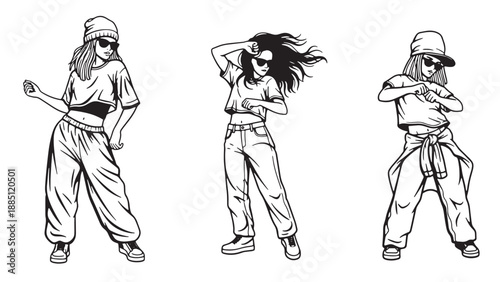 Contemporary female street dancers in urban outfits for modern apparel retail branding and youth lifestyle entertainment industry business marketing resources.