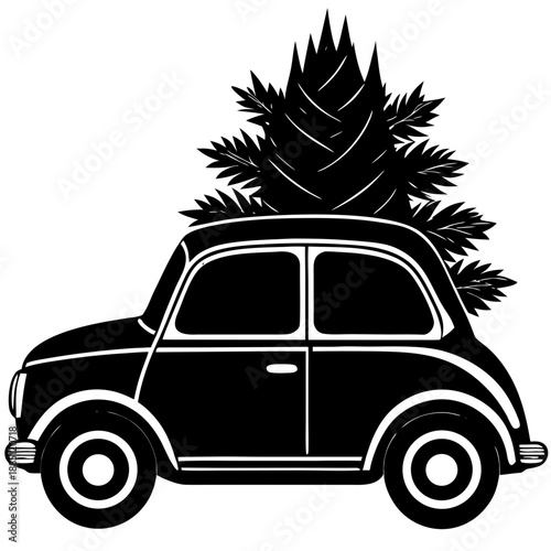 Vintage Car Carrying Christmas Tree on Roof Rack Silhouette Vector Icon