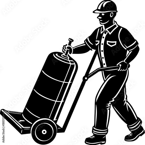 Industrial Worker Moving Gas Cylinder on Hand Truck Silhouette Vector Icon