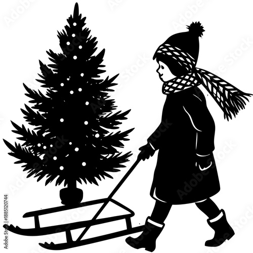 Child Pulling Christmas Tree on Sled Silhouette Vector Winter Holiday Icon