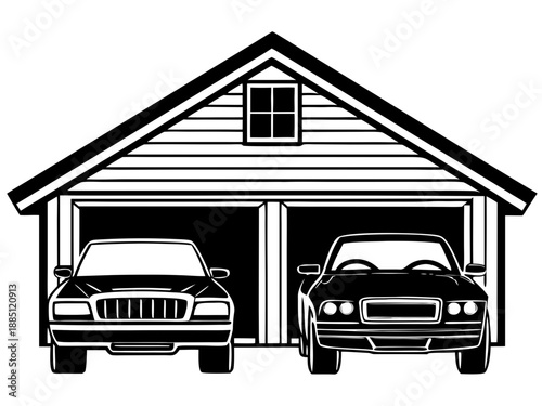 Two Cars in Residential Garage Silhouette Vector Home Parking Icon