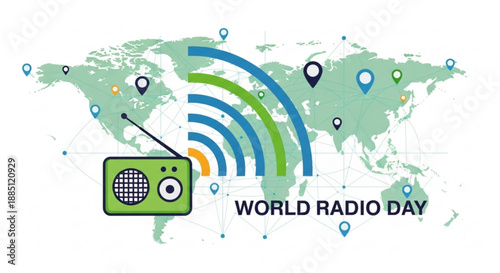 Global radio waves on world map for world radio day