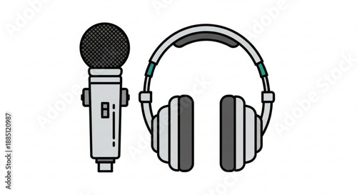 Microphone and headphones for recording and listening music or podcast in studio sound equipment for audio production