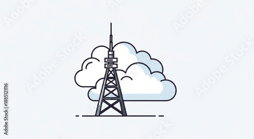 Cell tower with antenna standing tall behind puffy white clouds on a light blue background symbolizing communication and connectivity