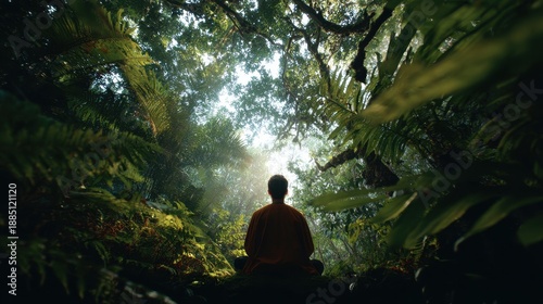 Person meditates in a lush forest during daylight surrounded by green plants and tall trees