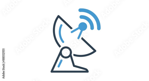 Satellite dish antenna emitting blue signal waves on white background for communication technology
