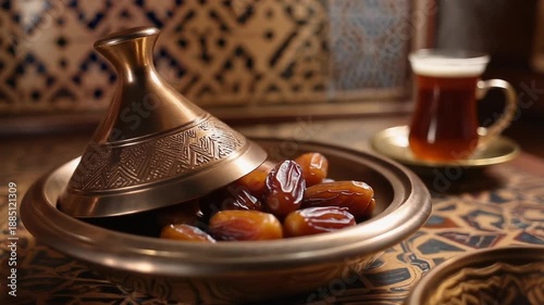 Moroccan copper tagine with dates on a traditional table with a cup of tea in the background, served in a cozy setting