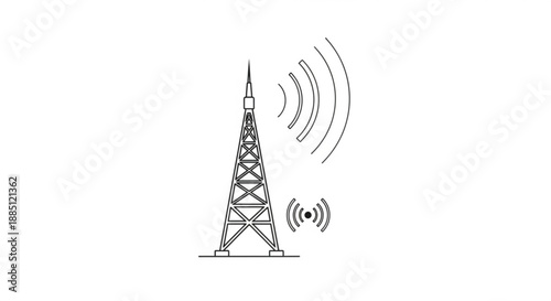 Radio broadcasting tower with signal waves emitting from it on white background