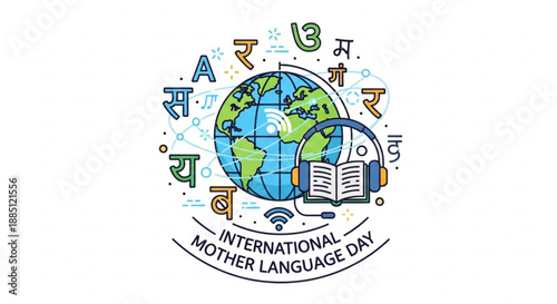 International mother language day celebration with globe book and headphones on white background
