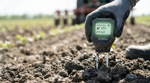 Farmer using digital soil sensor to measure moisture and pH levels for precision agriculture in a smart farming environment.