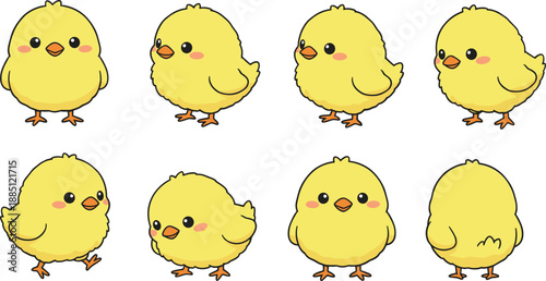 Cute yellow chick character collection set baby chicken poses cartoon flat vector illustration isolated on white background