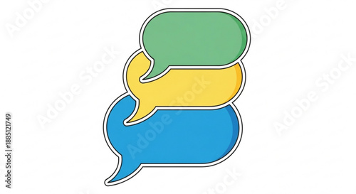 Colorful speech bubbles stacked vertically in green yellow and blue on white background for communication concepts