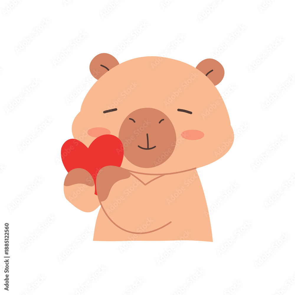 Fototapeta premium Adorable cartoon rodent character tenderly holds a bright red heart close to its chest