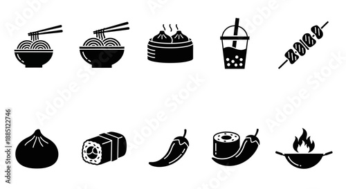 Collection of food and drink icons including noodles, dumplings, bubble tea, skewer, vegetables, and a hot pan
