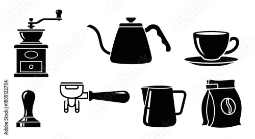Collection of black silhouettes of coffee-making equipment including grinder, kettle, cup, portafilter, pitcher, and coffee beans