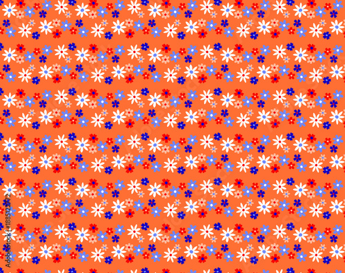 Rustic pattern Small, multicolored flowers in vibrant summer hues Printed on fabric for sewing Textile design Gift wrapping Postcard