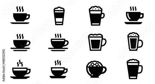 Collection of black silhouette icons depicting various hot, cold, and festive beverages in cups, mugs, and glasses