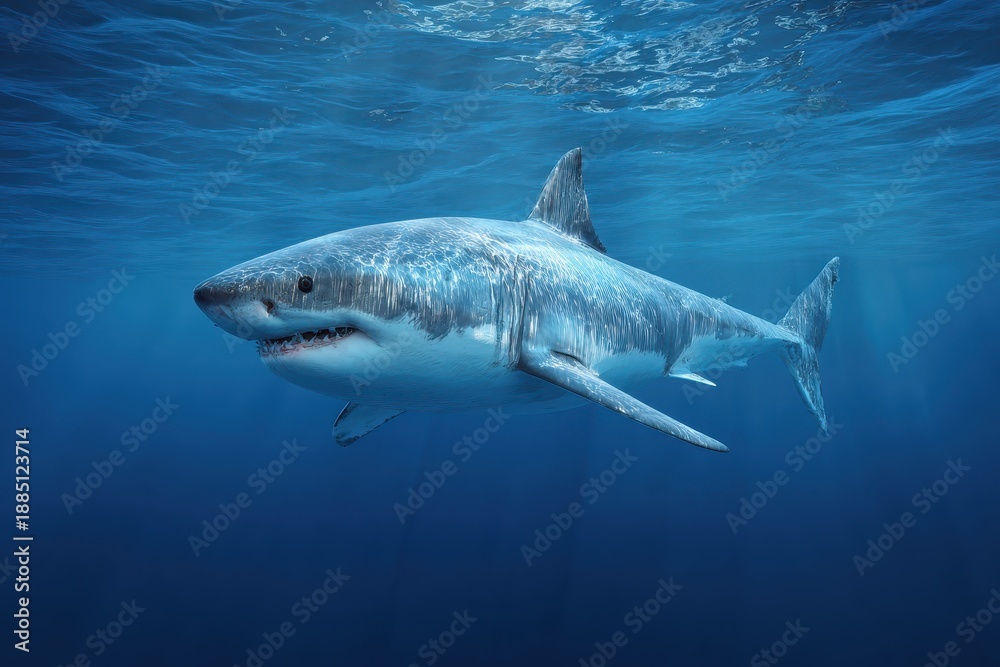 Fototapeta premium Great white shark swimming gracefully in deep marine waters, showcasing impressive details of its anatomy and natural habitat