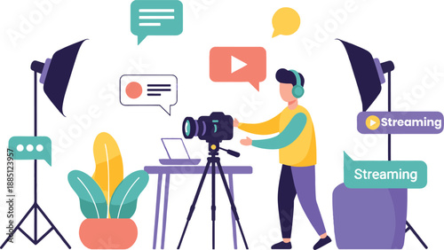 Video Content Creator Recording Live Stream in Studio with Camera and Professional Lighting Vector Illustration