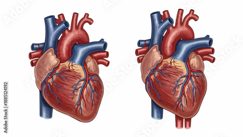 Two Anatomical Human Hearts Side By Side Medical Illustration.