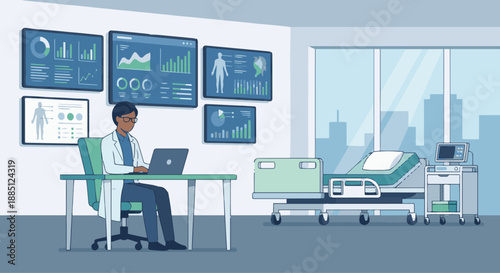 Health Data Scientist in Hospital Setting
A flat vector illustration of a health data scientist working in a hospital or clinic environment. Medical monitors and data screens visible. 