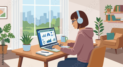 Health Data Scientist Remote Work
A flat vector illustration of a health data scientist working remotely from home. Laptop with health dashboards on screen. 
