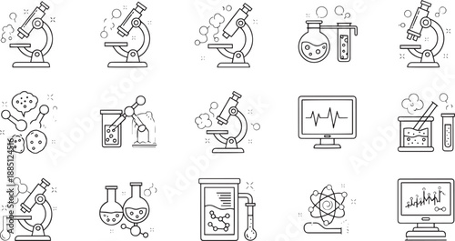 Science and Laboratory Line Icon Set Featuring Microscope Test Tube Molecule and Medical Research Equipment for Education and Biology