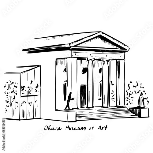 Ink sketch illustration of Ohara Museum of Art in Kurashiki Japan, hand drawn black and white line art of historic museum architecture for travel guides, art books, posters and cultural illustration u