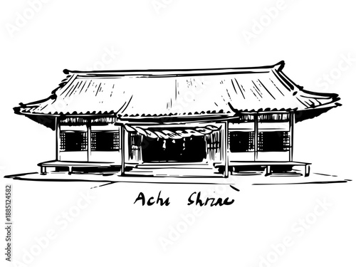 Ink sketch illustration of Achi Shrine in Kurashiki Japan, hand drawn monochrome line art of sacred shrine architecture and traditional roof details for travel posters, cultural books and editorial il