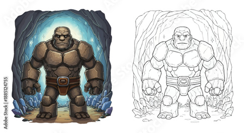 Mighty Rock Titan Warrior Cartoon and Coloring Page Featuring Stone Skin and Cave Background