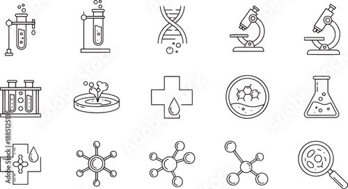 Laboratory science research icon set with microscope DNA molecule test tubes chemical equipment and medical symbols linear vector illustrations for health and education design