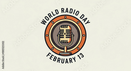 World radio day logo with vintage microphone on orange and gray background february 13