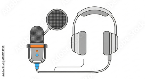 Professional podcasting equipment with microphone and headphones for recording and streaming