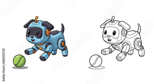 Robot Dog Playing With Tennis Ball Vector Illustration Outline for Tech and Kids Activities