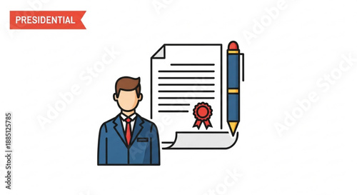 Professional man in blue suit with official document and pen presidential seal formal agreement business contract corporate illustration
