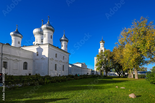 Ancient Orthodox church in Veliky Novgorod, historic landmark of medieval Russia.