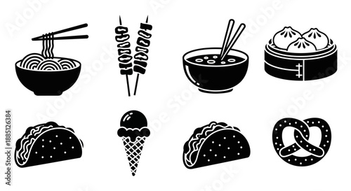 Collection of black silhouettes depicting Asian cuisine, including noodles, skewers, soup, dumplings, tacos, ice cream, hot dogs, and pretzels